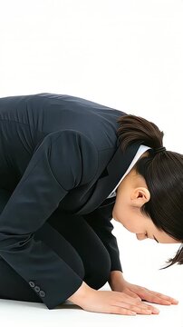 床にひれ伏し深く頭を下げて謝罪するスーツ姿の若い女性