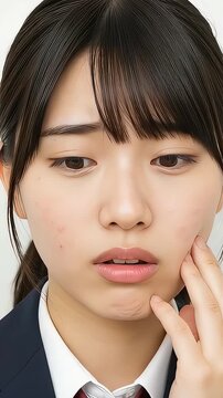 頬のニキビや肌荒れに触れて浮かない表情を見せる女子学生