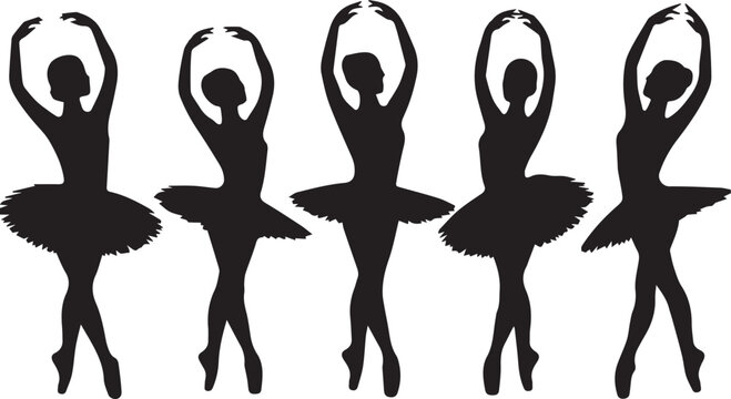 Five ballerinas in tutus dancing with arms raised Vector