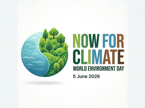 World Environment Day graphic featuring a split globe showing lush green landscape and water, with text 'NOW FOR CLIMATE', promoting urgent climate action.
