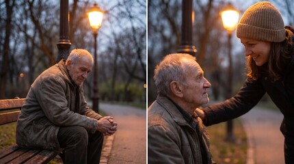 Obraz premium Elderly man sitting alone on a park bench looking depressed and a woman comforting him in a split screen with a city park background at dusk