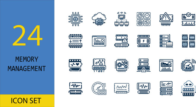 Memory management icon set. 24 icons for RAM and storage analysis and optimization.