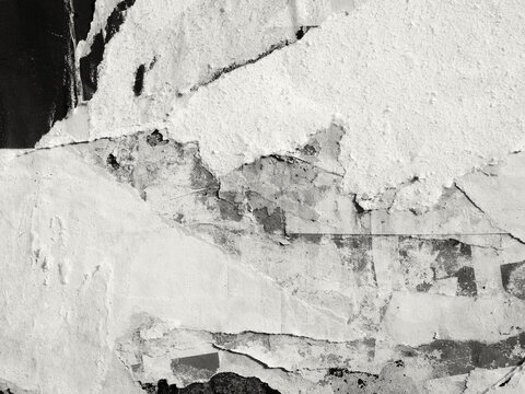 Old ripped torn black and white fly posters textures backgrounds grunge creased crumpled paper vintage collage placards empty space for text	
