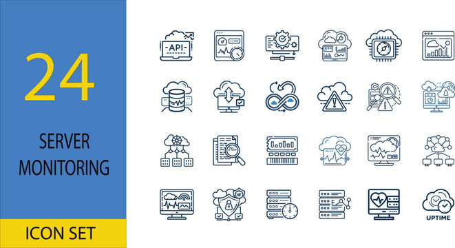 Server monitoring icon set. 24 collection of symbols for system health and network analysis.