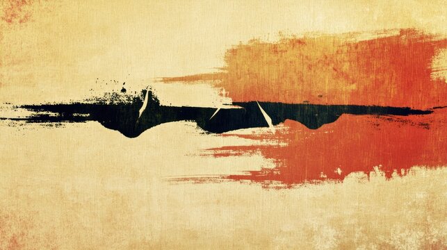Abstract painting with textured strokes of black and burnt orange on a light beige background