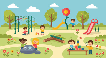 Fototapeta premium Multi-ethnic children are depicted having fun and learning while playing with various toys in a bright and colorful outdoor park setting.