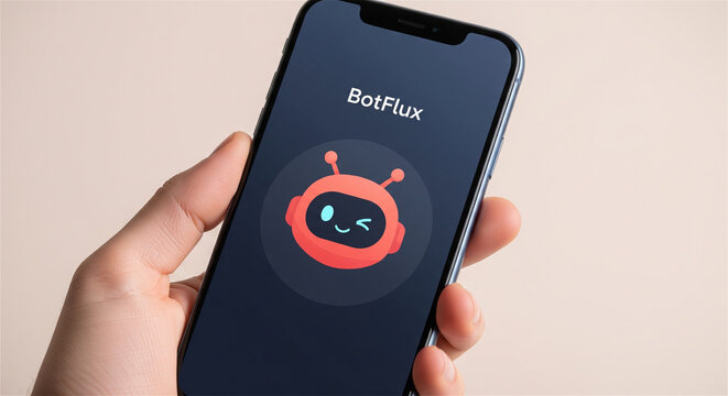 Modern smartphone displaying BotFlux AI chatbot application, hand holding mobile phone with artificial intelligence interface, digital bot assistant app
