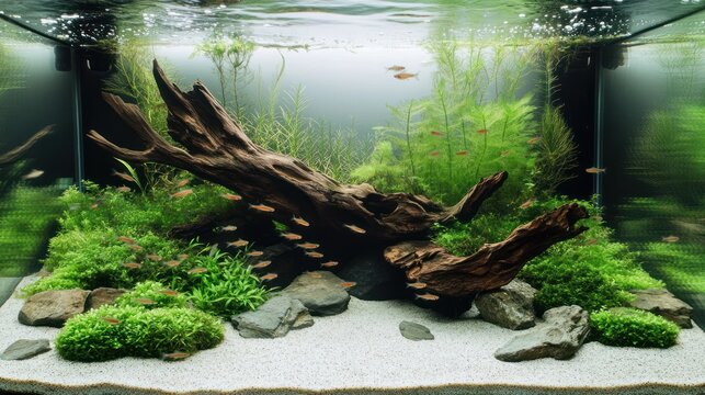 Aquarium with driftwood, rocks, plants, and fish.  Clear water