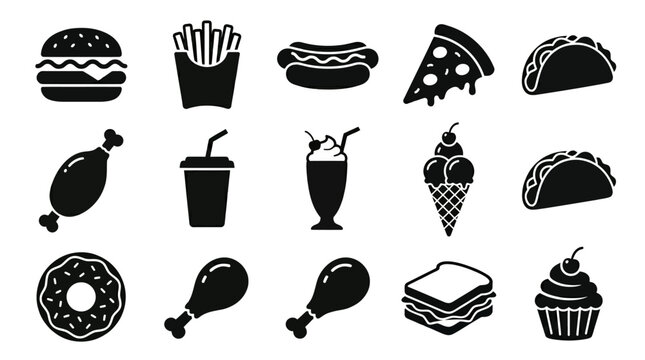 Flat silhouette vector set featuring twelve fast food and dessert icons  clean black solid forms  balanced composition  simple curves and shapes  icon pack consistency  no text  white background