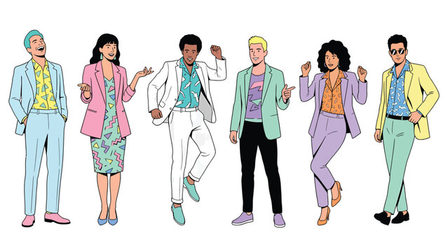 Diverse group of people in 80s pastel fashion posing cheerfully, celebrating retro style and vibrant community spirit.