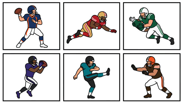 Collection of American football players in various action poses and team uniforms.