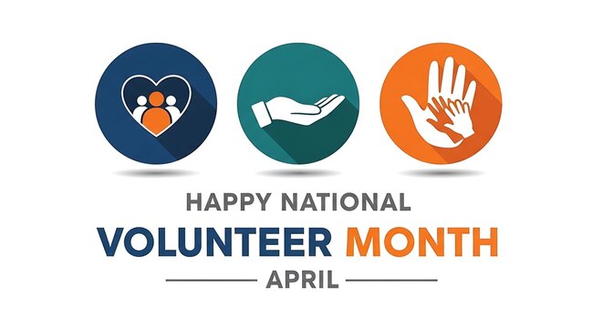 National volunteer month april greeting with three icon symbols