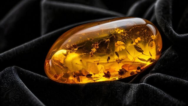 copal. Polished piece of amber copal resin on black velvet, showing warm translucency. gardening catalogs, home-decor guides, designed for gardening and botanical catalogs, used by brand managers.