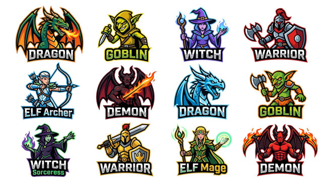 Twelve mythical fantasy mascots in bold flat vector style  dragons  goblins  witches  warriors  elves and demons  modern esports inspired character design