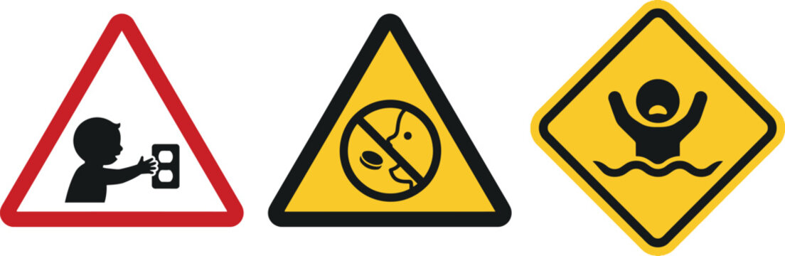 Child Safety Warning Sign Set for Electrical Hazard Choking Risk and Drowning Prevention Used in Product Labeling Parenting and Household Safety