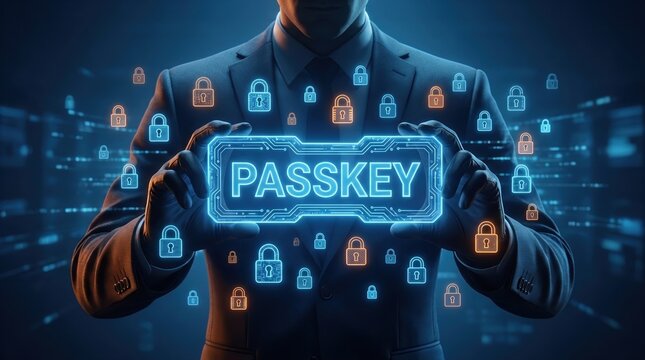 Digital Security Concept: Businessman Holding Glowing 'PASSKEY' with Padlock Icons