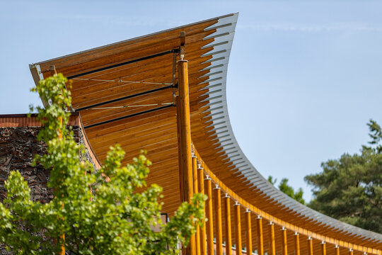 Architectural detail of hotel gallery wooden structure summer school of philosophy course venue in natural forest setting near Dutch city 