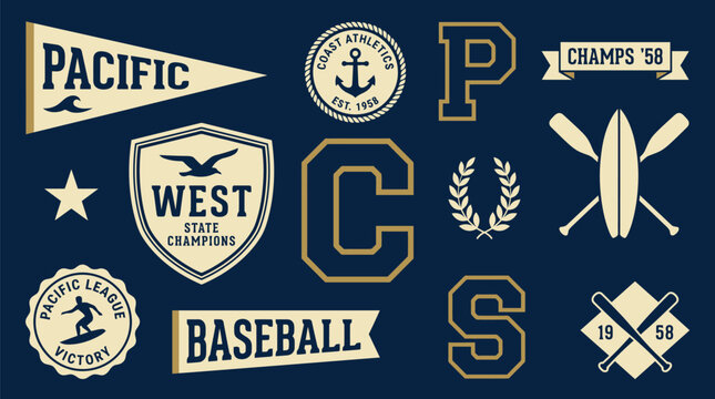Vintage Coastal Collegiate Athletics Badge and Pennant Set with Surfing Baseball and Nautical Themes for Sports Apparel and Team Branding Design