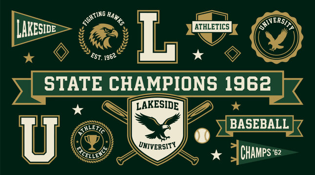 Vintage University Athletics Badge and Pennant Collection with Eagle Mascot Baseball and Championship Theme for Sports Apparel and Team Branding