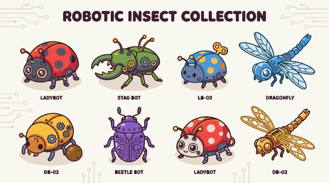 Set of cute robotic insect characters with mechanical designs.