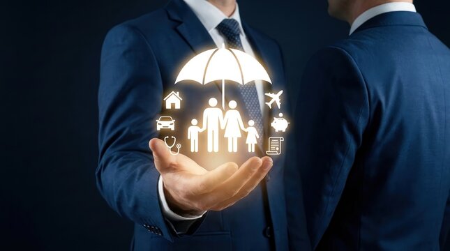 Businessman Holding Illuminated Insurance Protection Icons with Family and Property Symbols