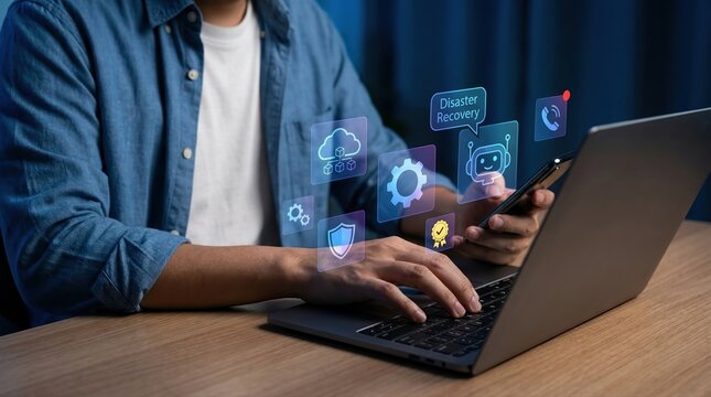 Tech Professional Working with Cloud Computing, Cybersecurity, and Disaster Recovery Icons on Laptop and Smartphone