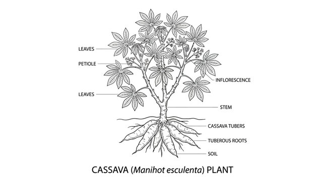 Cassava Plant Diagram: Manihot Esculenta Illustration with Labeled Parts