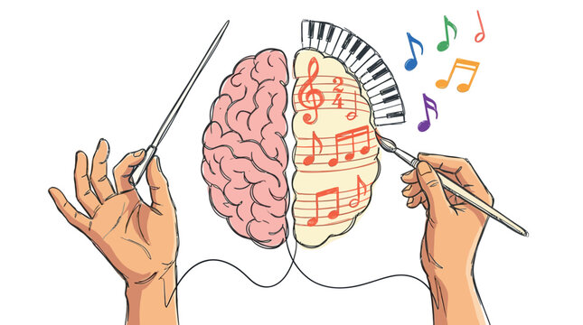 Brain with Music Notes Piano and Conductor Baton Creative Right Hemisphere Concept Illustration for Arts Education Music Therapy and Neuroscience Design