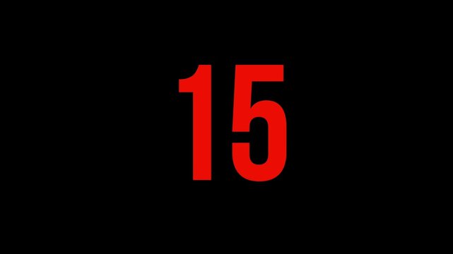 Red Number Countdown Timer Animation from 15 to 1 on Black Background