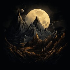 Fototapeta premium Ethereal Lunar Landscape Jagged Peaks Under a Giant Moon, a Dreamy Nightscape Scene