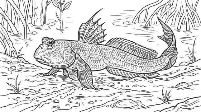 Mudskipper Fish Illustration - Amphibious Creature in Mangrove Habitat