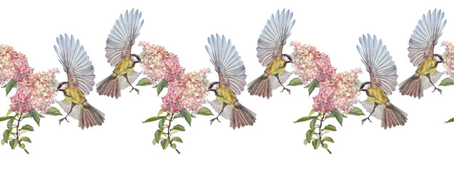 Watercolor seamless border with bouquet hydrangea and titmouse on white background. Pink botany flower and bird for Women day 8 march. Celebration wedding. Spring summer rim for wallpaper or wrapping © NatashaKun