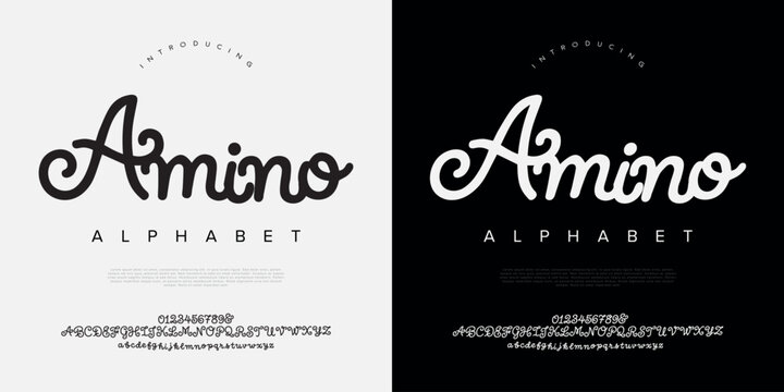 Amino aesthetic cursive monoline script font alphabet with elegant uppercase lowercase letters numbers vector