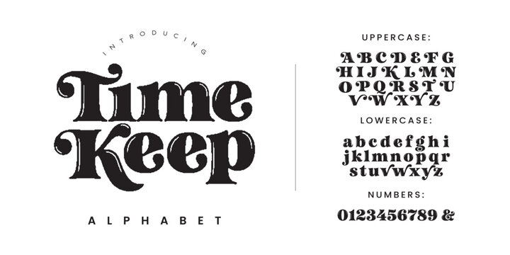 Time Keep vintage retro display font alphabet with lowercase uppercase characters numbers for design