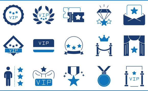 A set of icons related to VIP. Red carpet, pass, award, diamond, and so on.