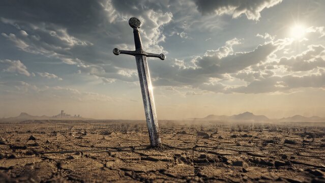 longsword. A medieval longsword plunged into cracked earth under sunlight. event programs, museum guides, designed for cultural heritage projects and event programs, elevates cultural identity.