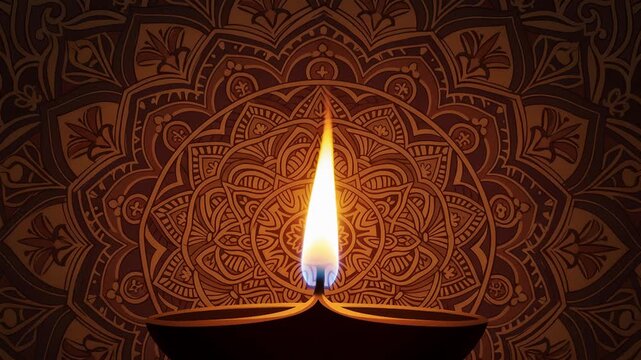 Burning clay oil lamp for Diwali celebration. Traditional glowing diya against dark mandala background. Concept of light and spirituality for hindu religious festival.