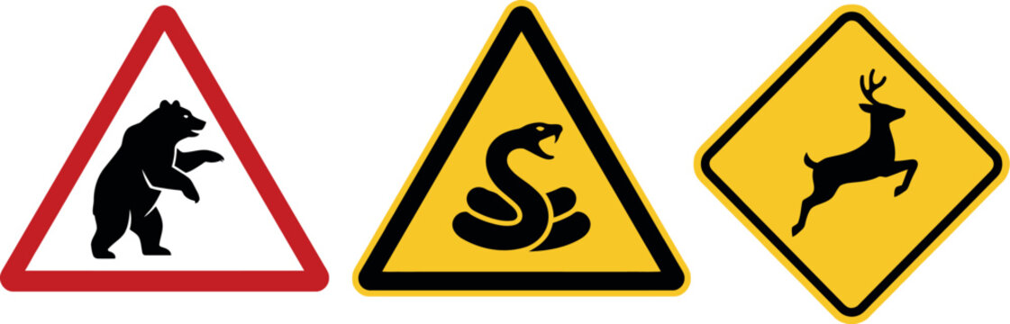 Wildlife Warning Sign Set for Bear Snake and Deer Crossing Hazard Alert on Hiking Trails Roads and Nature Reserves for Public Safety Awareness