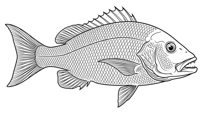 Line Art Illustration of a Snapper Fish, Seafood Ingredient, Ocean Dweller