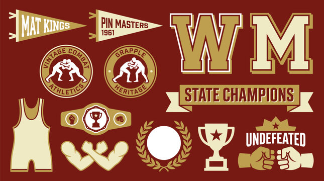 Vintage Wrestling Combat Sports Graphic Elements Set for Team Branding, Championship Merchandise and Retro Athletic Program Design