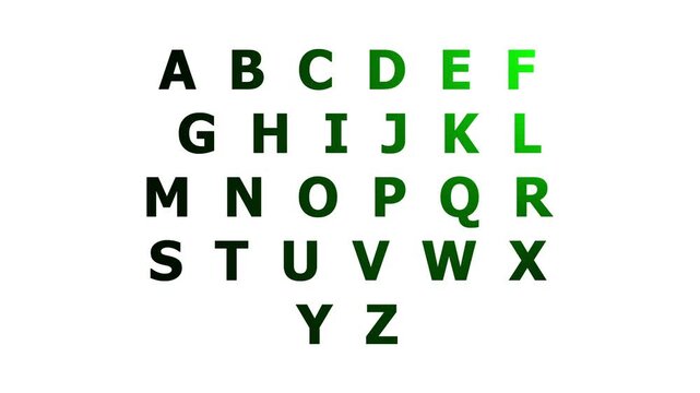 alphabet A-Z letters animated on black background.
