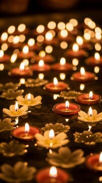 Diya lamps floating on water during Diwali. Traditional clay oil lamps with flower petals for hindu ritual. Decorative light for holy prayer and festival celebration. Vertical video