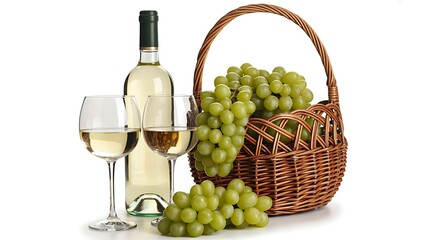Obraz premium . White wine bottle with grapes and wicker basket isolated on white background for fresh vineyard concept 