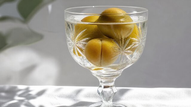 schnapps. Crystal glass filled with clear plum schnapps and whole fruits, natural light. bar promotions, beverage menus, designed for food & beverage menus and cafe branding.