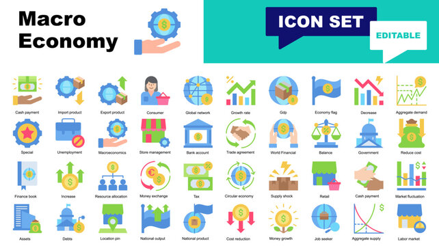 Macro Economy icon set. Vector icons for Macro Economy, Import product, Export product, Consumer, Global network, Growth rate, Gdp, Economy flag, Decrease, Aggregate demand, Special, Unemployment
