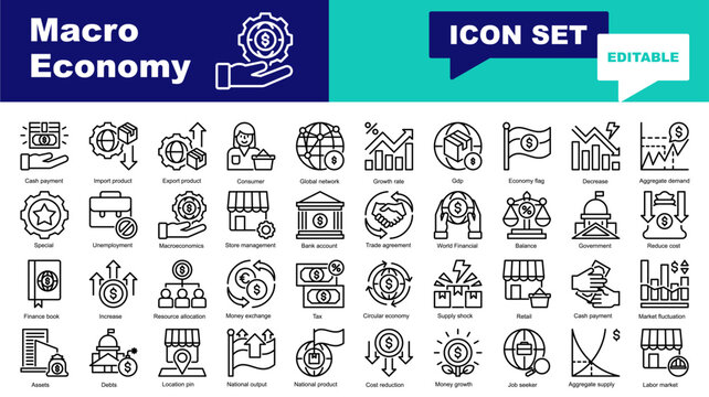 Macro Economy icon set. Vector icons for Macro Economy, Import product, Export product, Consumer, Global network, Growth rate, Gdp, Economy flag, Decrease, Aggregate demand, Special, Unemployment