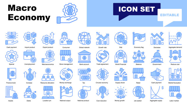 Macro Economy icon set. Vector icons for Macro Economy, Import product, Export product, Consumer, Global network, Growth rate, Gdp, Economy flag, Decrease, Aggregate demand, Special, Unemployment
