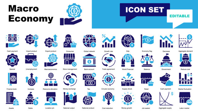 Macro Economy icon set. Vector icons for Macro Economy, Import product, Export product, Consumer, Global network, Growth rate, Gdp, Economy flag, Decrease, Aggregate demand, Special, Unemployment,