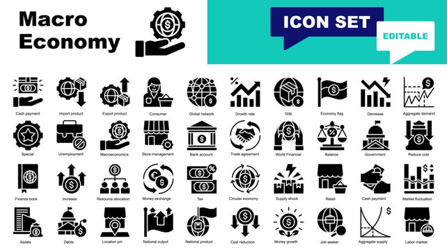 Macro Economy icon set. Vector icons for Macro Economy, Import product, Export product, Consumer, Global network, Growth rate, Gdp, Economy flag, Decrease, Aggregate demand, Special, Unemployment