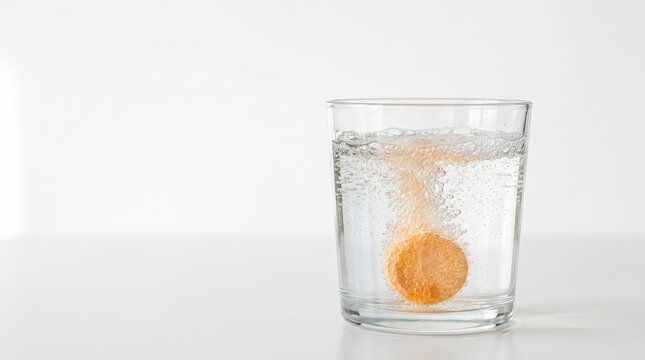 Effervescent vitamin c tablet fizzing and dissolving in clear glass of fresh water against clean white background for health wellness and daily hydration